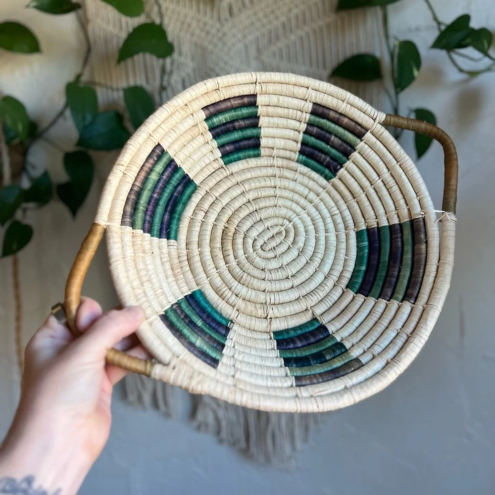 Large Woven Rattan Basket Bowl with Handles – Boho Farmhouse Wall or Table Décor